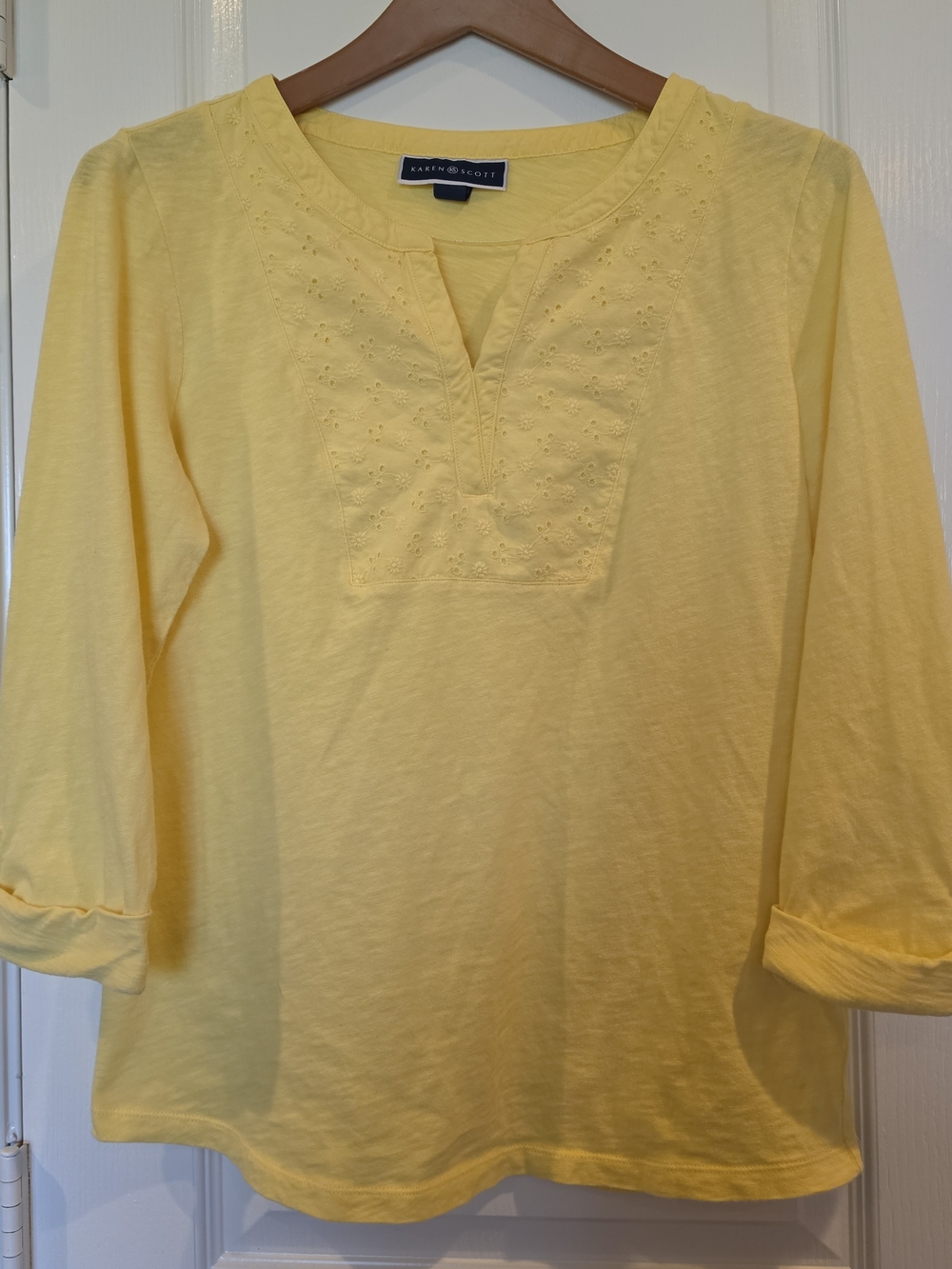 Karen Scott Yellow Embroidered Split-Neck Women's Top